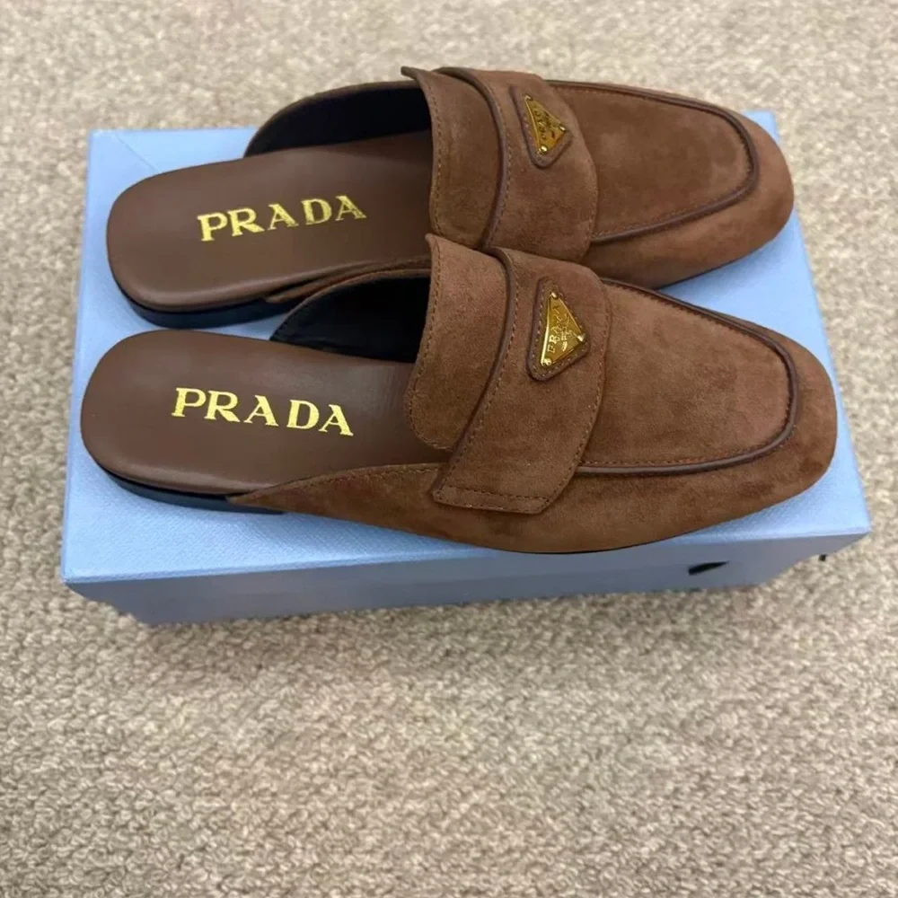 Prada Brown Suede Backless Loafers with Gold Logo - Picture 4 of 9